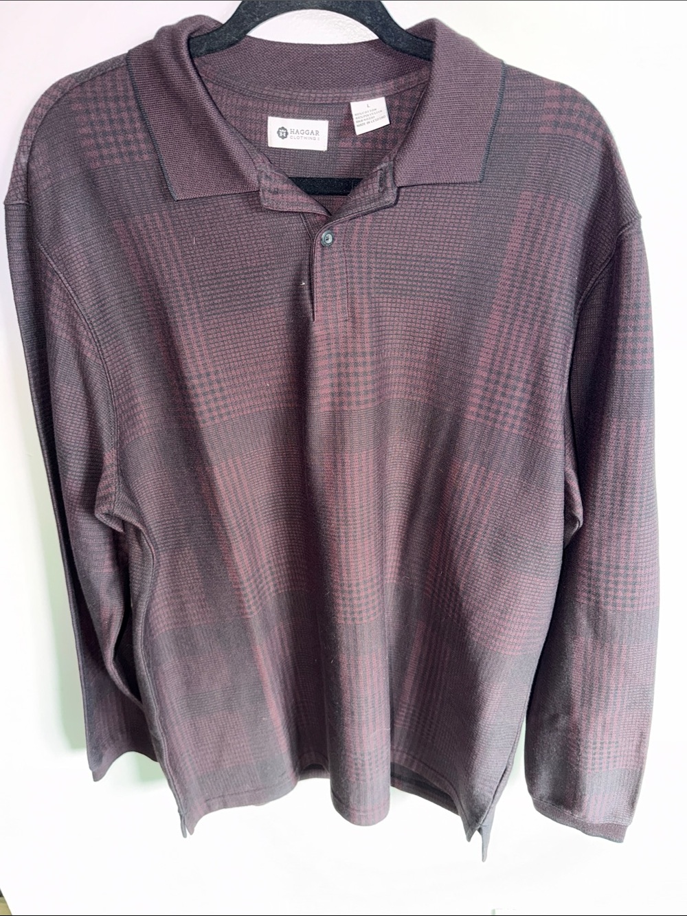 Men’s Haggar Long-Sleeve Polo Shirt - Burgundy Plaid Size L NWOT